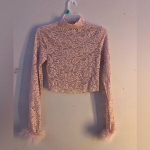 Bear Dance Pink Lace Long-Sleeve Feather Cuff Crop Top
